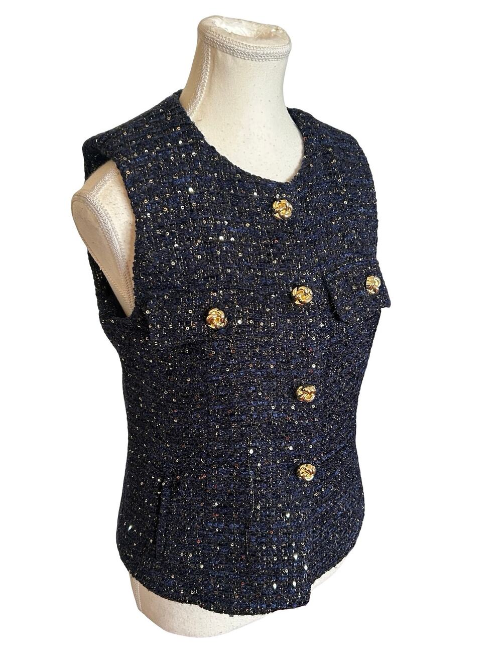 Zara Metallic Gold Embellished Tweed Vest